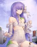  1girl bandage bandage_on_face bandage_over_one_eye bandaged_arm bandaged_head bandaged_leg bandages bangs bare_shoulders blurry blurry_background blush breasts building city cloud commentary_request covered_navel dabuki day fate/grand_order fate_(series) fingernails giantess highres kingprotea leaf long_hair looking_away medium_breasts moss one_eye_covered outdoors purple_eyes purple_hair sarashi sitting sky solo underboob very_long_hair 