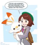  1girl animal_ears blush brooklyn_nine-nine brown_eyes brown_hair bunny bunny_ears creatures_(company) english_text female_protagonist_(pokemon_swsh) game_freak gen_8_pokemon green_hat hat highres hug i&#039;ve_only_had_arlo_for_a_day_and_a_half nintendo open_mouth pixelpulp pokemon pokemon_(creature) pokemon_(game) pokemon_swsh scorbunny short_hair simple_background smile tam_o&#039;_shanter white_background 