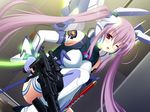  dutch_angle game_cg gun long_hair madou_souhei_kleinhasa mecha_musume one_eye_closed red_eyes rose_lilienthal saitou_natsuki solo thighhighs twintails very_long_hair weapon 