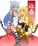  2girls animal_ears animal_print bad_id bad_pixiv_id blonde_hair blue_eyes blue_hair chinese_zodiac dark_skin fang kittysuit leotard multiple_girls nakamura_yukitoshi new_year original red_eyes smile tail thighhighs tiger_ears tiger_print tiger_tail year_of_the_tiger 