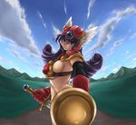  armor bikini_armor blue_eyes breasts dragon_quest dragon_quest_iii gloves helmet large_breasts long_hair purple_hair shield soldier_(dq3) solo sugiura sword weapon 