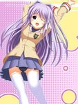  arms_up black_panties clannad fujibayashi_kyou hikarizaka_private_high_school_uniform long_hair morishi one_eye_closed panties pantyshot purple_eyes purple_hair school_uniform solo thighhighs underwear white_legwear 