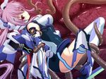  armor breasts covered_nipples large_breasts madou_souhei_kleinhasa mecha_musume nipple_tweak purple_hair red_eyes rose_lilienthal saitou_natsuki solo tentacles thighhighs twintails 