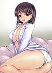  :d aida_mai ass bad_id bad_pixiv_id breasts brown_eyes brown_hair copyright_request couch covered_nipples large_breasts mole mole_under_eye nipples no_pants open_clothes open_mouth open_shirt panties shirt simple_background smile solo underwear white_panties 