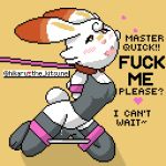  &lt;3 2019 ahegao bandage bdsm begging blush bondage bound breasts buckteeth clothed clothing collar cum dialogue digital_media_(artwork) embarrassed english_text female hikaru_the_kitsune kneeling lagomorph leash legwear looking_pleasured mammal nintendo pixel pixel_(artwork) pok&eacute;mon pok&eacute;mon_(species) pose precum scorbunny simple_background teeth text thick_thighs thigh_highs video_games 