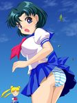  ass back_bow bishoujo_senshi_sailor_moon blonde_hair blue_eyes blue_hair blue_sailor_collar blush bow breasts double_bun drill_hair earrings jewelry juuban_middle_school_uniform large_breasts leaf long_hair mizuno_ami multiple_girls open_mouth panties pirochi pleated_skirt red_bow sailor_collar school_uniform serafuku short_hair skirt skirt_lift striped striped_panties sweatdrop tsukino_usagi twintails underwear wind wind_lift 