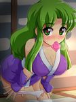  arm_guards bare_shoulders blush breasts breath cleavage condom condom_in_mouth ganbare_goemon green_eyes green_hair heart heart-shaped_pupils japanese_clothes konpeto large_breasts leaning_forward looking_at_viewer mouth_hold ninja panties panty_pull sleeveless solo sweat symbol-shaped_pupils thighhighs underwear yae_(ganbare_goemon) 