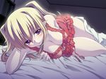  bare_shoulders bed bed_sheet blush bow breasts chemise cleavage draculius elshlant_d._annoyance frills game_cg hair_bow legs lingerie long_hair lying medium_breasts narumi_suzune night official_art open_mouth pointy_ears purple_eyes see-through sleeveless solo twintails underwear 