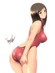  ass bad_id bad_pixiv_id breasts brown_eyes brown_hair competition_swimsuit highleg highleg_swimsuit large_breasts long_hair looking_back one-piece_swimsuit original signature smile solo swimsuit xxkuroxx 