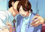  1girl arm_grab bangs black_hair blush breasts brown_hair cirima closed_eyes couch dress_shirt glasses hair_bun hand_on_another's_shoulder hetero hikaru_no_go hug huge_breasts indoors jacket locker mature moaning necktie office_lady open_mouth parted_bangs shindou_mitsuko shirt short_hair sitting sweatdrop swept_bangs teacher turtleneck upper_body watch white_shirt wince wristwatch 