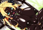  1girl :p bb black_skin blonde_hair blue_eyes breasts censored dark_skin facial_mark forehead_mark horns huge_breasts kinbou_sokai konmori_(kinbou_sokai) large_breasts long_hair naughty_face necklace nude pubic_hair pussy scar smile solo tongue tongue_out 