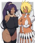  2girls absurdres armor arms_behind_back artist_name asymmetrical_docking black_gloves black_leotard black_thighhighs bleach blonde_hair breast_press breasts brown_eyes closed_mouth colored_eyelashes commission dark-skinned_female dark_skin elbow_gloves frown gloves green_eyes highres large_breasts leotard long_hair looking_at_viewer multiple_girls notka number_tattoo ponytail purple_hair shihouin_yoruichi short_hair smile tattoo thighhighs tier_harribel 