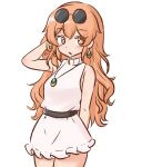  1girl :/ alternate_hairstyle arm_up bangs bare_shoulders blush breasts bright_pupils casual cowboy_shot dress drop_earrings earrings expressionless eyewear_on_head frills hair_down jewelry light_brown_hair long_hair looking_at_viewer medium_breasts mizusoba necklace no_headwear no_jacket orange_eyes parted_lips simple_background sleeveless solo sunglasses touhou very_long_hair white_background white_dress white_pupils yorigami_jo&#039;on 