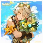  1boy bandaid bandaid_on_face bandaid_on_nose bangs bennett_(genshin_impact) blue_flower blue_sky blush bouquet brown_gloves closed_eyes cloud day english_commentary flower genshin_impact gloves goggles grey_hair grin hair_between_eyes highres holding holding_bouquet leaf logo male_focus official_art outdoors petals sky smile solo upper_body white_flower windmill yellow_flower 