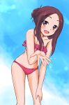  1girl :d absurdres ass_visible_through_thighs bangs bikini brown_eyes brown_hair feet_out_of_frame forehead frilled_bikini frills hair_bun hand_on_own_thigh highres karakai_jouzu_no_takagi-san leaning_forward looking_at_viewer open_mouth parted_bangs pink_bikini single_hair_bun sky_background smile solo solo_focus splashing sukoburu80 swimsuit takagi-san water_drop 