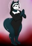  2023 anthro black_body black_fur canid canine canis clothed clothing dot_eyes facial_tuft fur girly half-closed_eyes hi_res huge_hips male mammal maxhe narrowed_eyes nun_habit nun_outfit seductive sharp_teeth simple_background solo teeth thick_thighs toony white_muzzle wide_hips wolf wolf_(parasitedeath) 