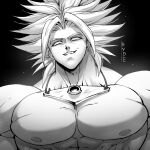  1boy absurdres blank_eyes broly_(dragon_ball_z) dragon_ball dragon_ball_z earrings greyscale highres hydeover9000 jewelry legendary_super_saiyan male_focus monochrome muscular muscular_male necklace nipples pectorals solo spiked_hair super_saiyan upper_body 