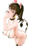  1girl absurdres animal_ears animal_print bangs belt_collar bikini black_hair blush breasts cleavage collar cow_ears cow_print ear_tag heart heart-shaped_pupils highres l_ract large_breasts long_hair looking_at_viewer open_mouth original ponytail semi-rimless_eyewear sexually_suggestive solo swimsuit symbol-shaped_pupils tail thighhighs thighs tongue tongue_out white_background 