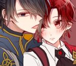  1boy 1girl aiaiharuharu anastasia_lynzel black_eyes black_hair black_jacket blush collared_shirt even_if_tempest facing_viewer hetero hug jacket looking_at_another red_eyes red_hair shirt short_hair tongue tongue_out tyril_i_lister white_shirt 