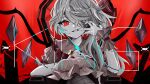  1girl bangs collar commentary crystal finger_in_own_mouth fingernails flandre_scarlet frilled_collar frills hair_over_one_eye hat highres king_(vocaloid) looking_at_viewer mob_cap one_side_up ougiikun red_eyes red_theme slit_pupils solo touhou upper_body wings wrist_cuffs 