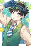  1boy :o aqua_background bangs blue_gloves blush boku_no_hero_academia border bright_pupils buttons coi_mha collared_shirt commentary diagonal-striped_necktie dotted_line dutch_angle film_grain food freckles fruit gloves goggles goggles_on_head gradient_background gradient_clothes green_background green_eyes green_hair green_vest grid_background hand_on_own_head highres jaggy_lines lapels lemon lemon_slice lime_(fruit) lime_slice looking_at_viewer male_focus midoriya_izuku necktie notched_lapels official_alternate_costume outline outside_border parted_lips plus_sign shirt short_hair sideways_glance sleeves_past_elbows solo striped_necktie upper_body vest white_border white_outline white_pupils wing_collar 