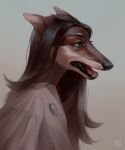  absurd_res anthro artist_name black_nose blue_eyes brown_body brown_fur brown_hair bust_portrait canid clothed clothing eyelashes facial_markings female fur grey_clothing grey_topwear hair head_markings hi_res long_hair mammal marie_merkh markings narrowed_eyes open_mouth portrait red_tongue simple_background solo tongue topwear 