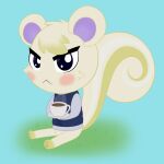  1:1 2022 absurd_res animal_crossing anthro beverage black_eyes blue_background blush clothing coffee coffee_cup container cup digital_drawing_(artwork) digital_media_(artwork) full-length_portrait fur head_tuft hi_res male mammal marshal_(animal_crossing) mrneo nintendo on_grass pawpads portrait rodent sciurid simple_background sitting solo sweater tail topwear tree_squirrel tuft white_body white_fur white_tail 
