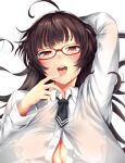  1girl absurdres ahoge asase_yuugi black_bra bra breasts brown_eyes brown_hair button_gap cleavage finger_to_mouth glasses haks highres large_breasts see-through shirt tomako_(tatihitoe) underwear virtual_youtuber white_shirt 