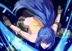  1girl bangs bare_shoulders blue_eyes blue_hair camouflage camouflage_pants earrings gloves jewelry leona_heidern open_mouth pants ponytail slashing sleeveless solo tank_top the_king_of_fighters the_king_of_fighters_xv toned triangle_earrings yagi2013 yellow_tank_top 