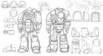  1boy adeptus_astartes armor armored_boots boots dab_(dance) english_commentary full_armor full_body gauntlets helmet highres mick19988 monochrome pauldrons shoulder_armor simple_background sketch solo space_marine unfinished warhammer_40k white_background 