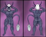  2023 2_horns 3_eyes 5:4 alien anthro beard beetle_humanoid butt crossgender facial_hair flaccid flexing genitals hi_res horn humanoid jenexian male maxhe model_sheet multi_eye muscular nipples nude penis simple_background solo tribal weapon_tail 