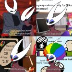  absurd_res afro anthro arthropod big_breasts breasts cape carrotgitlewd clothing clown clown_makeup clown_nose dialogue duo eyelashes female hi_res hollow_knight hornet_(hollow_knight) insect meme protagonist_(hollow_knight) silksong team_cherry vessel_(species) 