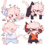  &gt;_&lt; 1boy aged_down animal_ears animal_hands bakugou_katsuki black_mask black_shorts blonde_hair blue_shirt blue_shorts blush boku_no_hero_academia cat cat_boy cat_ears cat_paws cat_tail child child&#039;s_drawing closed_eyes closed_mouth clothes_writing commentary crayon crying drawing english_commentary eye_mask full_body furrification furry heart highres lying male_child male_focus midoriya_izuku navel on_stomach open_mouth pochitaart red_eyes shirt short_hair shorts simple_background smile spiked_hair standing tail tears white_background 