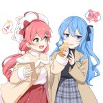  2girls 35p_(sakura_miko) ahoge alternate_costume bag blue_eyes blue_hair blush brown_coat character_hat coat felutiahime food green_eyes green_skirt hair_ribbon highres hololive hoshimachi_suisei long_hair looking_at_another multiple_girls one_side_up paper_bag pink_hair plaid plaid_skirt pleated_skirt red_skirt ribbon sakura_miko skirt symbol_in_eye taiyaki virtual_youtuber wagashi 