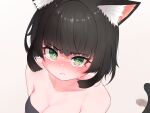  1girl animal_ear_fluff animal_ears bangs bare_shoulders black_hair black_shirt blush breasts cat_ears cat_girl cat_tail cleavage closed_mouth collarbone commentary_request cropped crying embarrassed green_eyes highres looking_at_viewer medium_breasts nose_blush original shirt short_hair sidelocks simple_background solo strapless strapless_shirt tail tears upper_body urabe_miyabi v-shaped_eyebrows white_background 