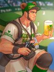  1boy animal_ears arm_hair backpack bag bara baseball_cap bear_ears beard beer_mug black_hair blurry blurry_background buzz_cut cup facial_hair fake_animal_ears from_side golden_kamuy green_socks hairy hat holding holding_cup knee_pads knee_up leg_hair male_focus mature_male mug muscular muscular_male nopinzo pectorals short_hair shorts sideburns soccer_field socks solo tanigaki_genjirou thick_eyebrows very_short_hair white_shorts 