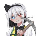  1girl akaakaakaakashio bangs black_bow black_bowtie black_hairband black_ribbon blue_eyes bob_cut bow bowtie commentary_request cookie_(touhou) eyes_visible_through_hair green_vest grin hair_between_eyes hair_ribbon hairband heterochromia high-visibility_vest holding holding_pickaxe konpaku_youmu looking_at_viewer pickaxe red_eyes ribbon short_hair simple_background smile solo touhou upper_body vest white_background white_hair zerukalo_(cookie) 