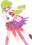  2girls alina_gray blunt_ends blush bow bowtie brown_skirt closed_eyes closed_mouth dancing green_hair hair_between_eyes holding_hands layered_sleeves long_hair long_sleeves looking_at_another loose_bowtie magia_record:_mahou_shoujo_madoka_magica_gaiden mahou_shoujo_madoka_magica misono_karin momo_tomato multicolored_hair multiple_girls open_mouth purple_hair red_bow red_bowtie sakae_general_school_uniform school_uniform shirt short_over_long_sleeves short_sleeves side-tie_shirt sidelocks simple_background skirt smile straight_hair streaked_hair two_side_up white_background white_shirt 