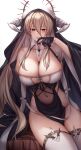  1girl :p absurdres azur_lane bangs bare_shoulders between_breasts black_dress black_gloves blonde_hair blush breasts brown_eyes chain chien_zero cleavage collarbone covered_navel cowboy_shot detached_collar detached_sleeves dress fake_horns finger_to_mouth gloves groin habit hair_between_eyes half_gloves hand_up highres horns huge_breasts implacable_(azur_lane) large_breasts licking long_bangs long_hair long_sleeves looking_at_viewer mole naughty_face navel nun open_mouth pelvic_curtain revealing_clothes sidelocks simple_background sitting smile stomach thighhighs thighs tongue tongue_out two-tone_dress veil very_long_hair white_background white_headwear white_thighhighs wide_sleeves 