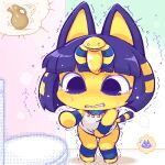  1girl animal_crossing animal_ears ankha_(animal_crossing) arm_up bangs bare_shoulders bathroom between_legs blonde_hair blue_eyes blue_fur blue_hair blunt_bangs blush bob_cut body_fur bottomless breath cat_ears cat_girl cat_tail chibi clenched_teeth commentary_request embarrassed flat_chest full_body furry furry_female hair_ornament hand_between_legs have_to_pee indoors jaggy_lines legs lowres multicolored_hair nose_blush oekaki outstretched_arm partial_commentary pee peeing peeing_self pitcher_(container) shinogo~ shirt short_hair sidelocks sleeveless sleeveless_shirt snake_hair_ornament solo standing striped_tail sweat tail tears teeth toilet translated two-tone_fur two-tone_hair urine_meter usekh_collar white_shirt wide-eyed yellow_fur 