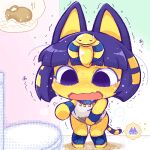  1girl :3 animal_crossing animal_ears ankha_(animal_crossing) arm_up bangs bare_shoulders bathroom between_legs blonde_hair blue_eyes blue_fur blue_hair blunt_bangs blush bob_cut body_fur bottomless cat_ears cat_girl cat_tail chibi commentary_request embarrassed empty_eyes fang flat_chest full_body furry furry_female hair_ornament hand_between_legs have_to_pee indoors jaggy_lines legs lowres multicolored_hair nose_blush oekaki open_mouth outstretched_arm partial_commentary pee peeing peeing_self pitcher_(container) puddle shinogo~ shirt short_hair sidelocks skin_fang sleeveless sleeveless_shirt snake_hair_ornament solo standing steam striped_tail sweat sweatdrop tail tears toilet translated two-tone_fur two-tone_hair urine_meter usekh_collar wet wet_clothes white_shirt wide-eyed yellow_fur 