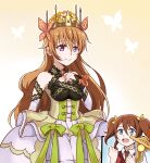  2girls absurdres asdasun1 bangs bare_shoulders blonde_hair blue_eyes breasts brown_hair butterfly_hair_ornament celine_(fire_emblem) celine_(fire_emblem)_(cosplay) cosplay crown fire_emblem fire_emblem_engage hair_between_eyes hair_ornament highres kitou_akari konoe_haruka konoe_kanata long_hair looking_at_viewer love_live! love_live!_nijigasaki_high_school_idol_club multiple_girls open_mouth purple_eyes smile teeth twintails upper_teeth_only voice_actor_connection 