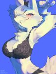  2023 absurd_res anthro arctic_fox blue_background blush bra breasts burnbuckie canid canine cleavage clothed clothing digital_media_(artwork) female female_anthro fox fur gesture hi_res kemono lingerie looking_at_viewer mammal panties red_eyes simple_background solo underwear v_sign white_body white_fur 
