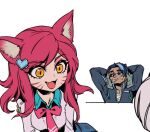  1boy 1girl academy_ahri academy_darius ahri_(league_of_legends) animal_ears bangs black_hair bow bowtie breasts closed_mouth collarbone collared_shirt commentary darius_(league_of_legends) facial_mark fang fox_ears fox_girl grey_hair grey_shirt hair_ornament heart heart_hair_ornament large_breasts league_of_legends long_hair orange_eyes phantom_ix_row pink_bow pink_bowtie plaid plaid_skirt red_hair shirt short_hair simple_background skirt slit_pupils symbol-only_commentary whisker_markings white_background 