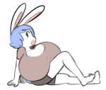  angstrom anthro big_breasts black_eyes blue_hair blush bottomwear breasts cleavage clothed clothing female hair huge_breasts lagomorph leporid looking_at_viewer mammal molly_(angstrom) open_mouth rabbit shirt shorts sitting solo topwear white_body 