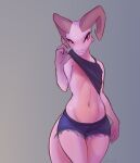  2022 absurd_res anthro bottomwear clothed clothing clothing_lift female flat_chested hi_res horn jarnqk kobold looking_at_viewer lya_(jarnqk) navel pink_body shirt shirt_lift shorts signature simple_background solo topwear 