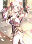  1girl adapted_costume bare_shoulders blurry blurry_background breasts brown_eyes cleavage collarbone depth_of_field fire_emblem fire_emblem_awakening fire_emblem_heroes flower hair_flower hair_ornament highres large_breasts official_alternate_costume petals robin_(female)_(fire_emblem) robin_(female)_(valentine)_(fire_emblem) robin_(fire_emblem) sleeveless smile solo tpicm twintails white_hair 