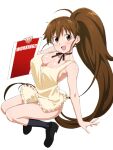 1girl apron bangs bare_shoulders blush breasts brown_eyes brown_hair cleavage collarbone large_breasts loliconder long_hair looking_at_viewer naked_apron open_mouth ponytail smile solo taneshima_popura white_background working!! 