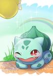  absurdres blush bulbasaur fangs grass highres holding holding_watering_can on_ground one_eye_closed open_mouth outdoors pokemon pokemon_(creature) rainbow red_eyes smile sparkle sprayduck tkc_(user_snjd8547) twitter_username watering_can wet 