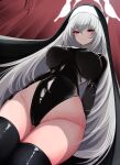  10eki_(tenchou) 1girl absurdres black_bodysuit black_leotard black_thighhighs blue_archive blush bodysuit breasts closed_mouth from_below grey_hair halo highres justina_follower_(blue_archive) large_breasts latex latex_leotard latex_thighhighs leotard long_hair looking_at_viewer looking_down nun red_eyes sakurako_(blue_archive) smile solo thighhighs very_long_hair 